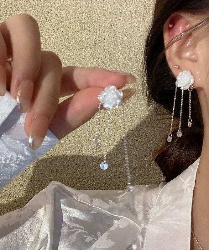 Classy White Alloy Crystal Camellia Tassel Drop Earrings