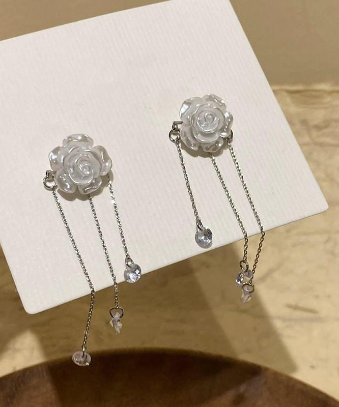 Classy White Alloy Crystal Camellia Tassel Drop Earrings