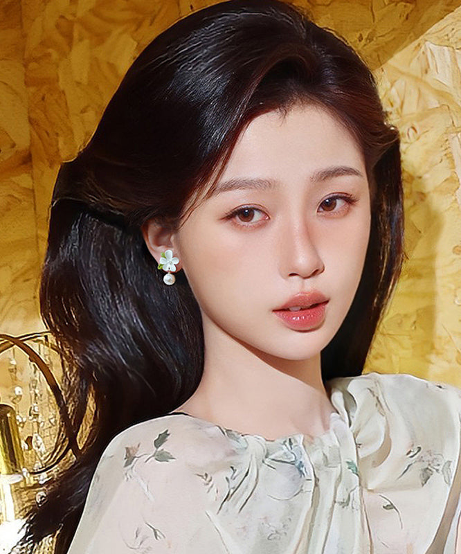 Classy White Alloy Pearl Floral Drop Earrings