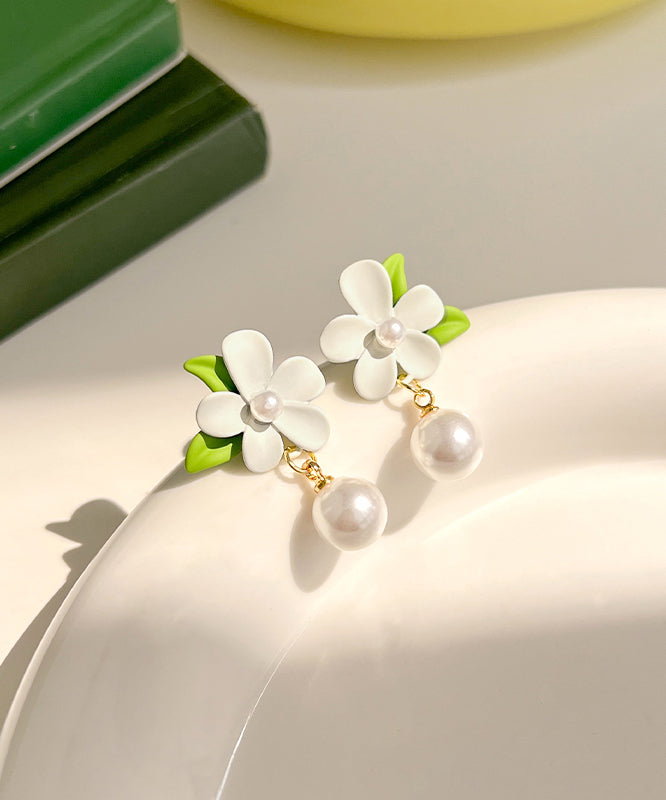 Classy White Alloy Pearl Floral Drop Earrings