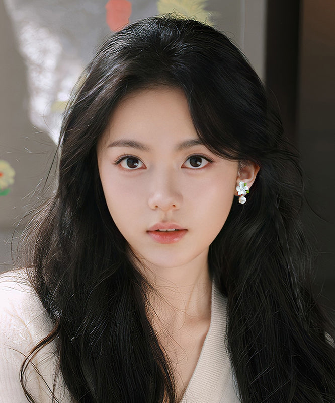 Classy White Alloy Pearl Floral Drop Earrings