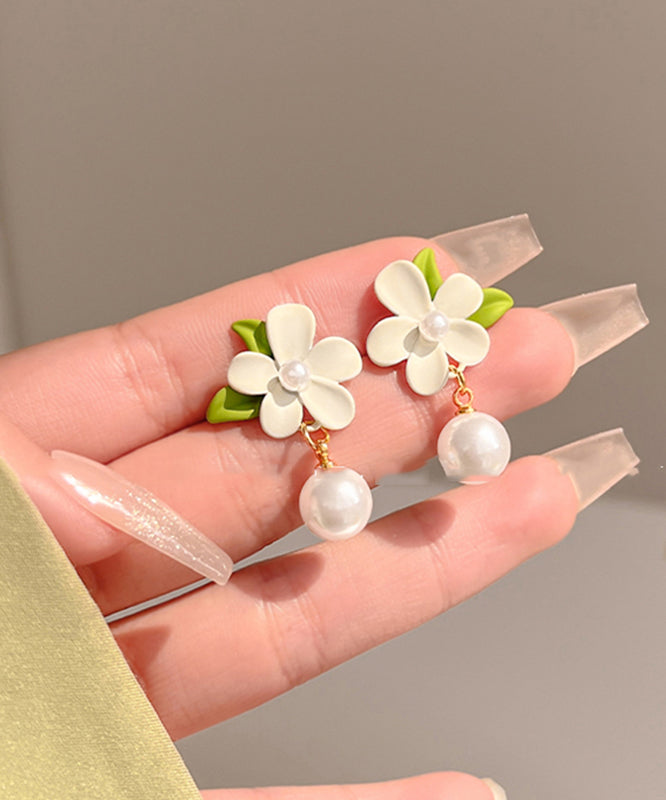 Classy White Alloy Pearl Floral Drop Earrings