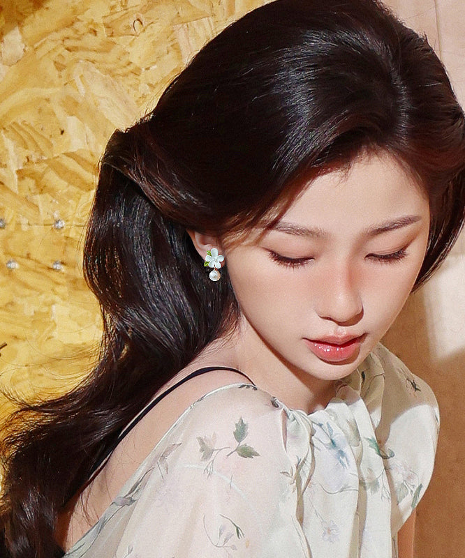 Classy White Alloy Pearl Floral Drop Earrings