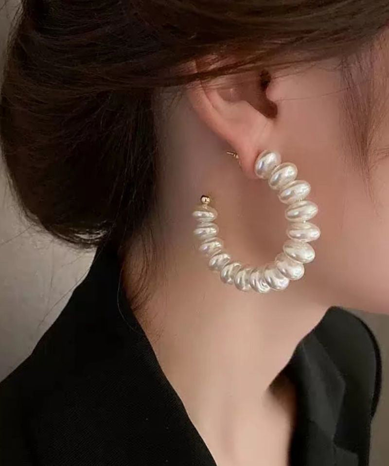 Classy White Alloy Pearl Hoop Earrings