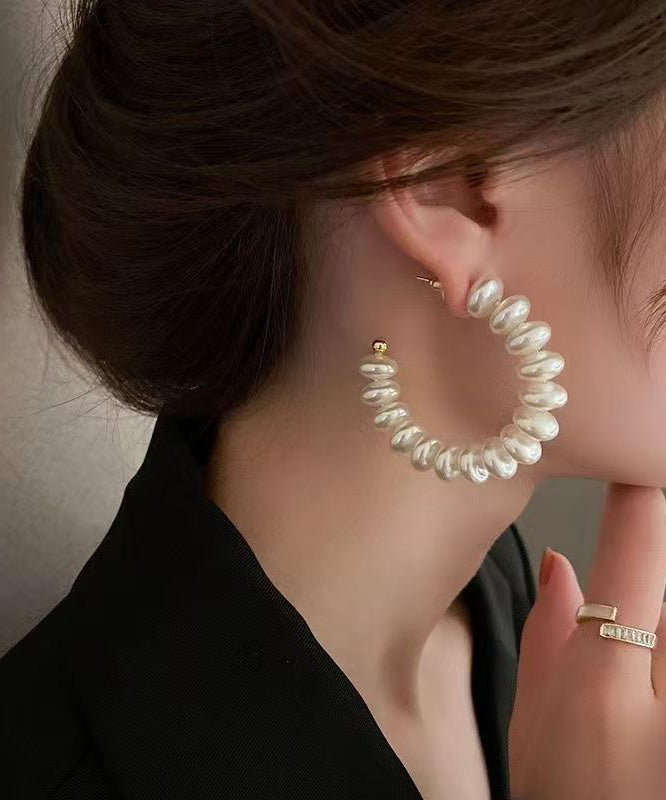 Classy White Alloy Pearl Hoop Earrings
