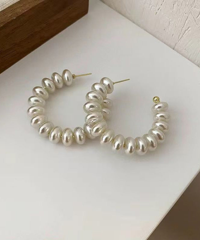 Classy White Alloy Pearl Hoop Earrings