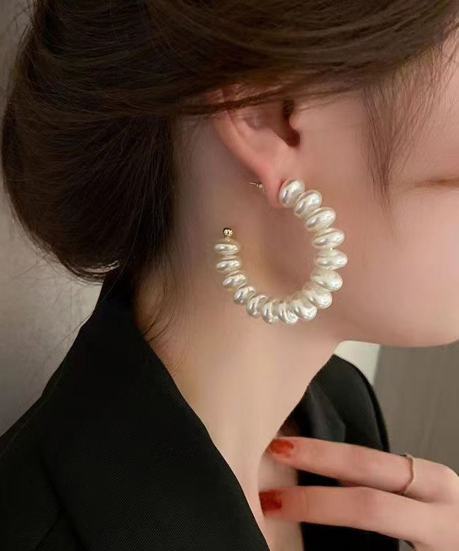 Classy White Alloy Pearl Hoop Earrings
