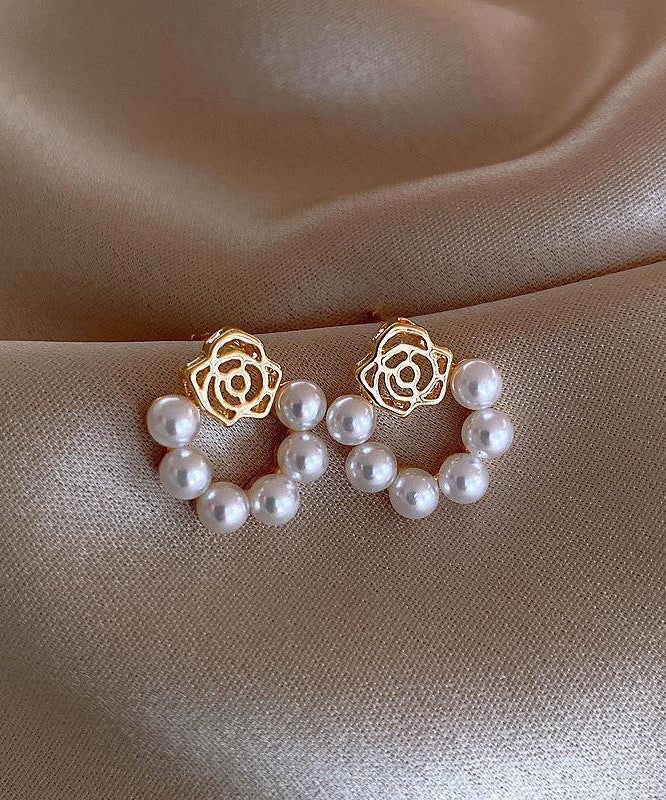 Classy White Copper Overgild Pearl Hollow Out Floral Hoop Earrings