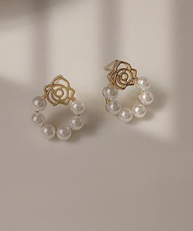 Classy White Copper Overgild Pearl Hollow Out Floral Hoop Earrings