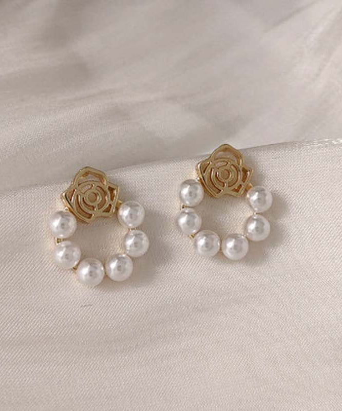 Classy White Copper Overgild Pearl Hollow Out Floral Hoop Earrings