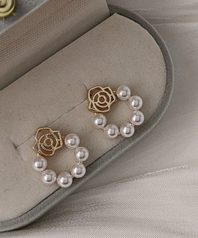 Classy White Copper Overgild Pearl Hollow Out Floral Hoop Earrings