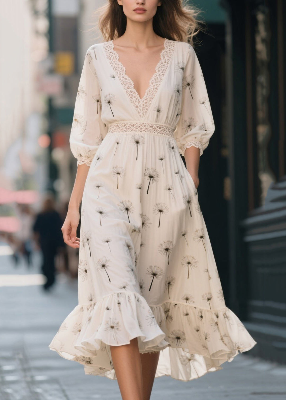 Classy White Print Lace Patchwork Chiffon Dress Summer