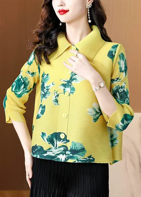 Classy Yellow Peter Pan Collar Print Silk Blouses Bracelet Sleeve