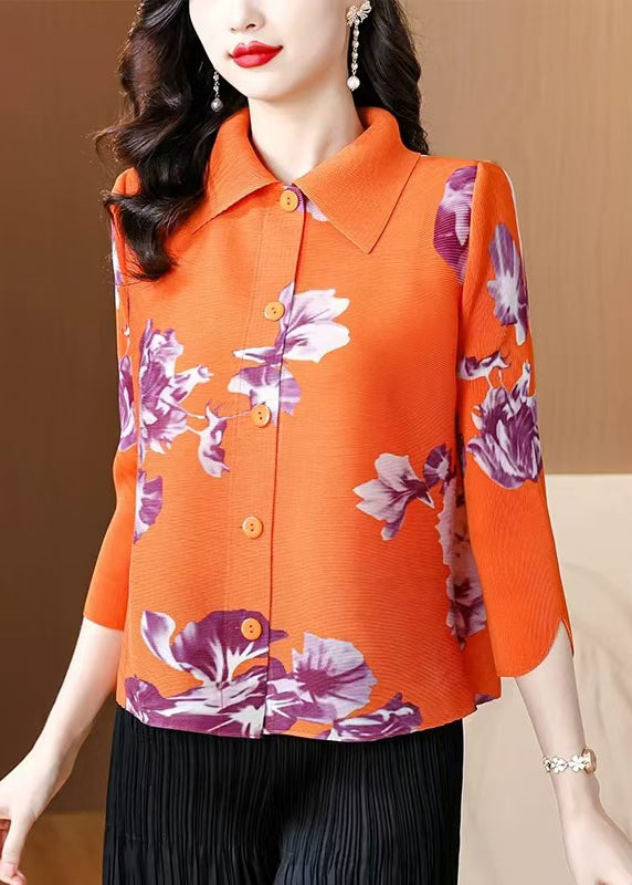 Classy Yellow Peter Pan Collar Print Silk Blouses Bracelet Sleeve