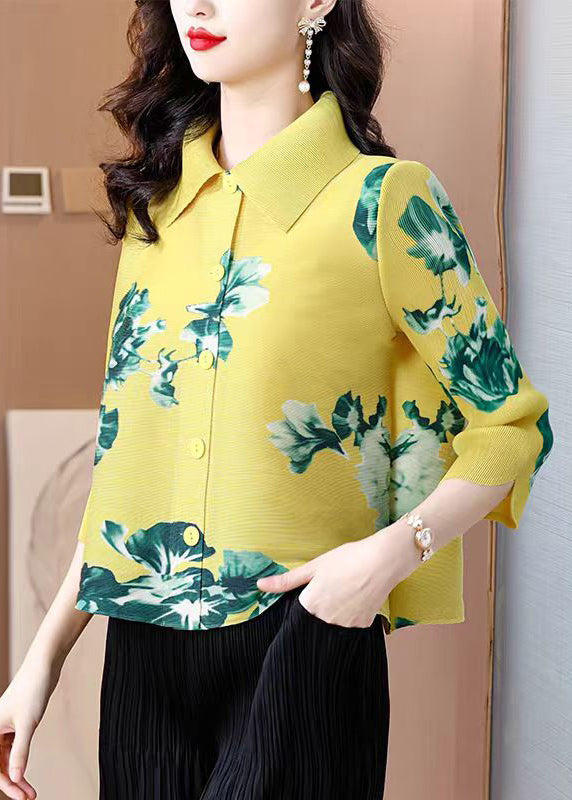 Classy Yellow Peter Pan Collar Print Silk Blouses Bracelet Sleeve