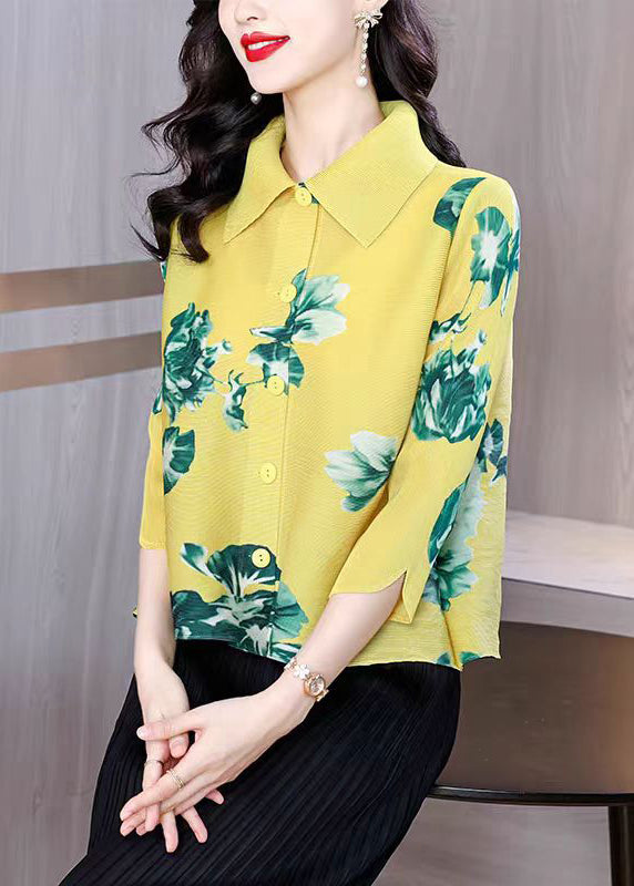 Classy Yellow Peter Pan Collar Print Silk Blouses Bracelet Sleeve