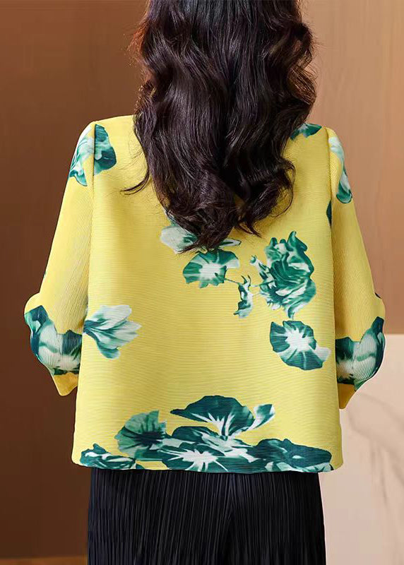 Classy Yellow Peter Pan Collar Print Silk Blouses Bracelet Sleeve
