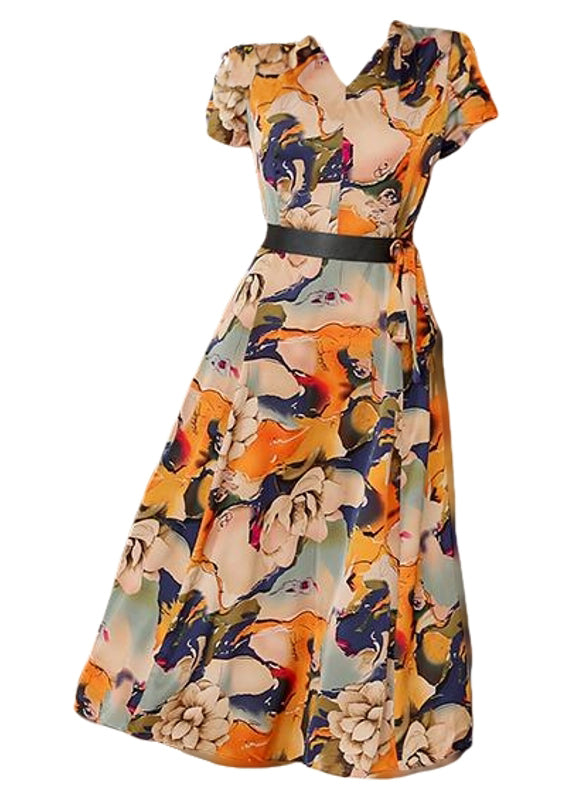 Classy Yellow V Neck Print Silk Long Dress Summer