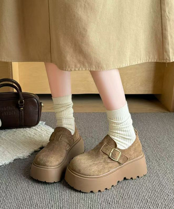 Coffee Suede Splicing Platform Loafers For Women