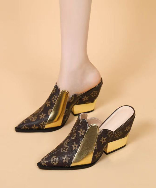 Colorblock Splicing Wedge Cowhide Leather Slide Sandals Pointed Toe