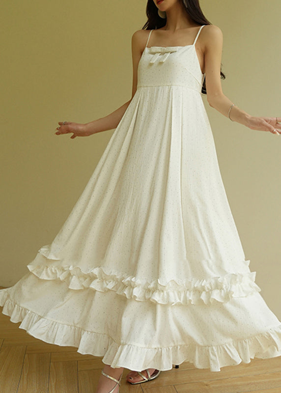 Cute Beige Slash Neck Print Ruffled Patchwork Long Spaghetti Strap Dress Sleeveless