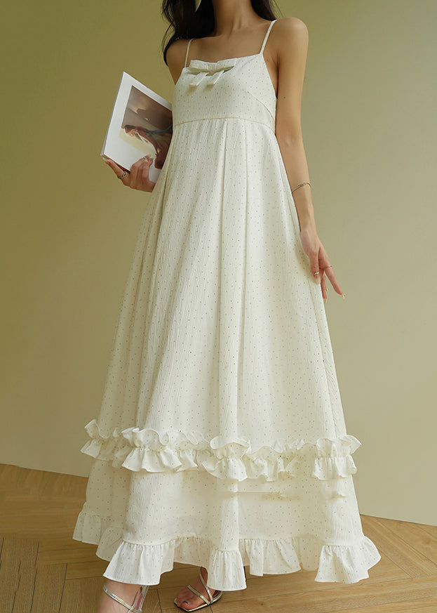 Cute Beige Slash Neck Print Ruffled Patchwork Long Spaghetti Strap Dress Sleeveless