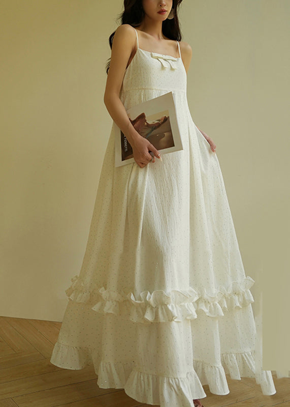 Cute Beige Slash Neck Print Ruffled Patchwork Long Spaghetti Strap Dress Sleeveless