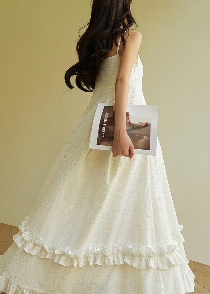 Cute Beige Slash Neck Print Ruffled Patchwork Long Spaghetti Strap Dress Sleeveless