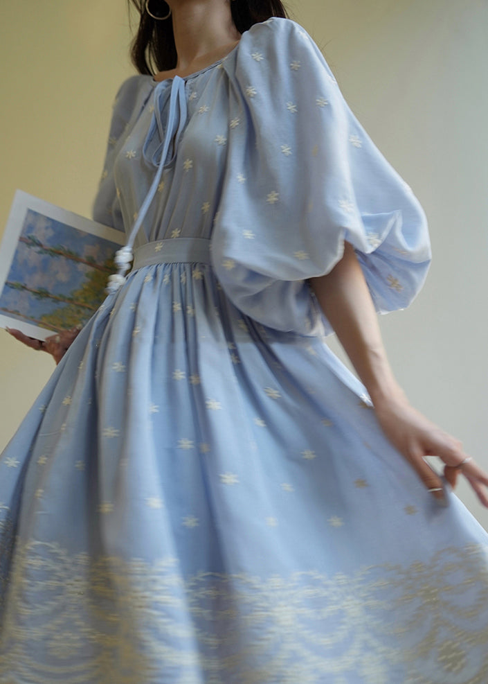 Cute Blue Embroidered Patchwork Top And Skirts Two Pieces Set Lantern Sleeve