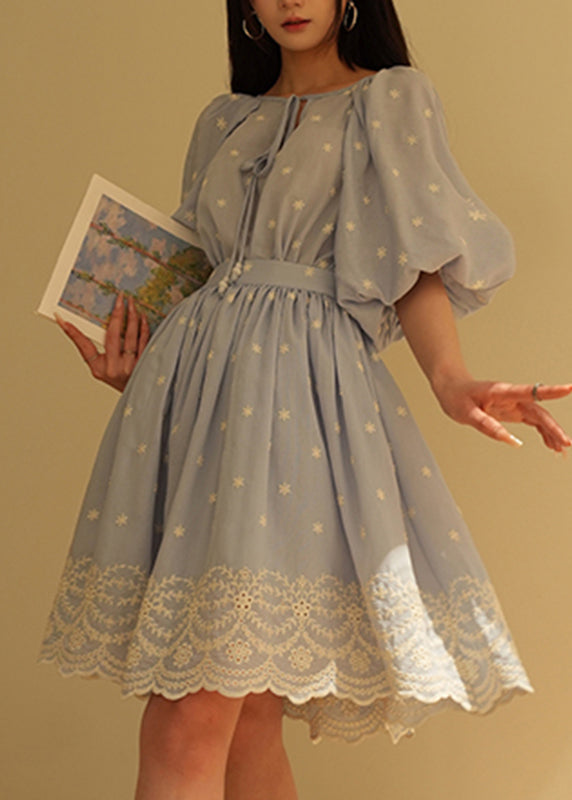 Cute Blue Embroidered Patchwork Top And Skirts Two Pieces Set Lantern Sleeve