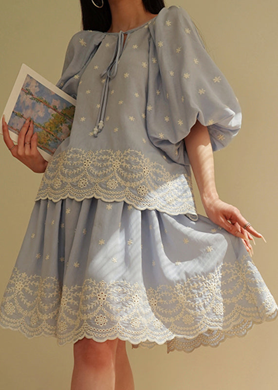 Cute Blue Embroidered Patchwork Top And Skirts Two Pieces Set Lantern Sleeve
