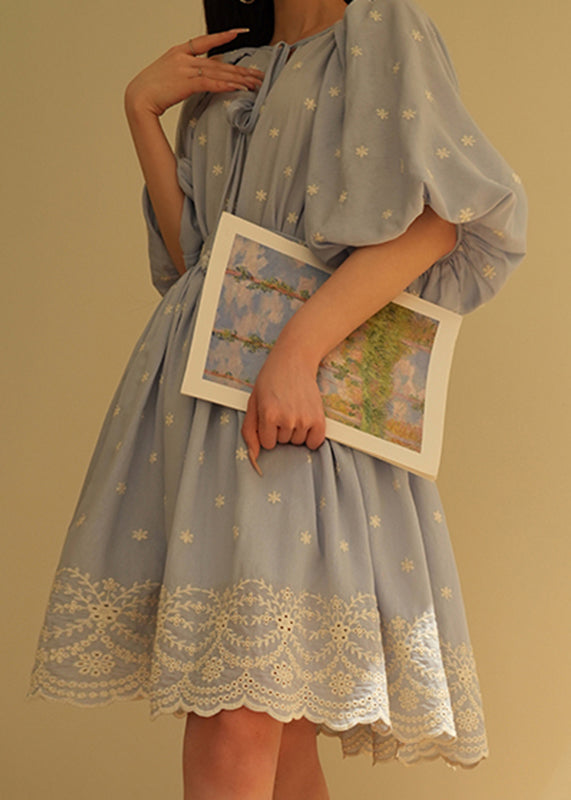 Cute Blue Embroidered Patchwork Top And Skirts Two Pieces Set Lantern Sleeve