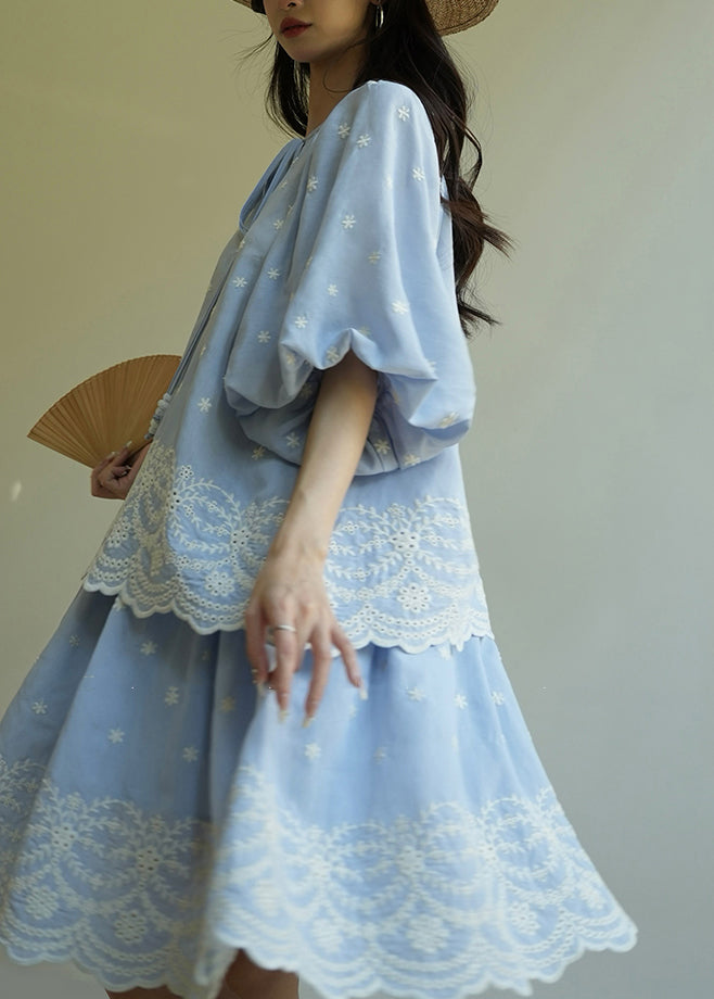 Cute Blue Embroidered Patchwork Top And Skirts Two Pieces Set Lantern Sleeve