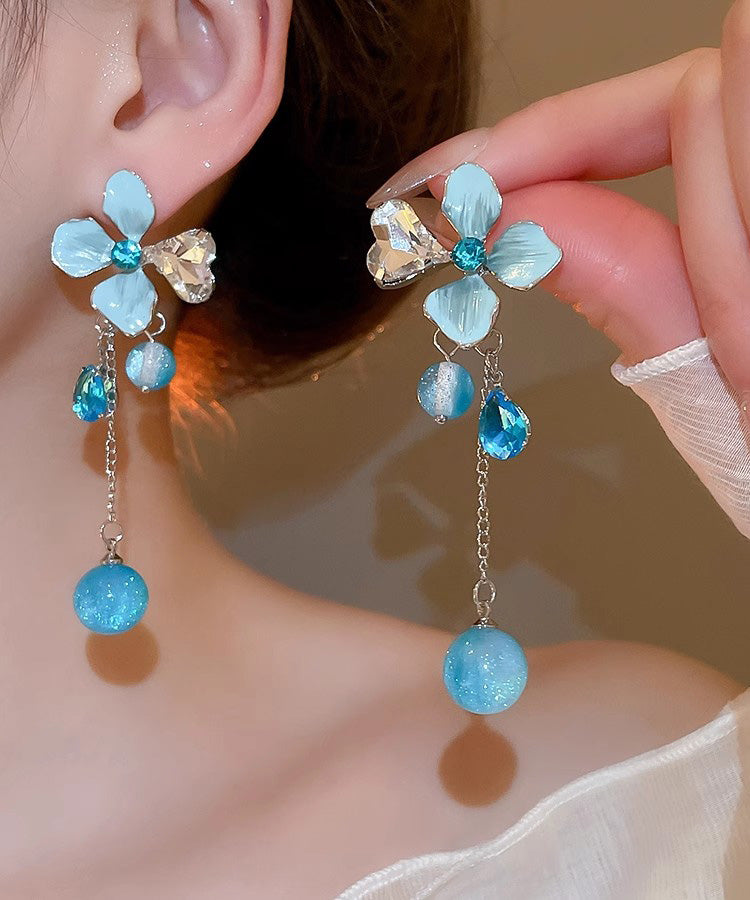 Cute Blue Srerling Silver Alloy Zircon Floral Resin Tassel Drop Earrings