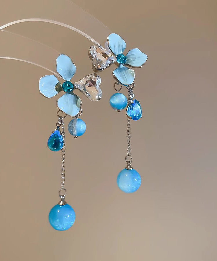Cute Blue Srerling Silver Alloy Zircon Floral Resin Tassel Drop Earrings
