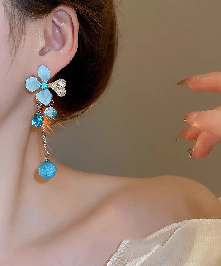 Cute Blue Srerling Silver Alloy Zircon Floral Resin Tassel Drop Earrings