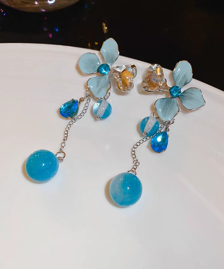 Cute Blue Srerling Silver Alloy Zircon Floral Resin Tassel Drop Earrings