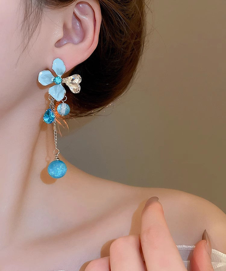 Cute Blue Srerling Silver Alloy Zircon Floral Resin Tassel Drop Earrings