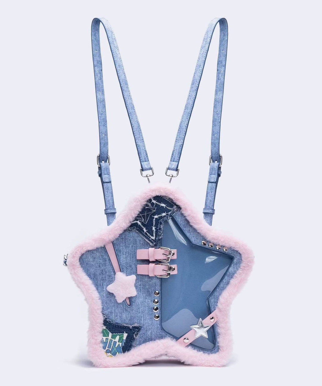 Cute Blue Star Shaped Patchwork Denim Backpack Bag