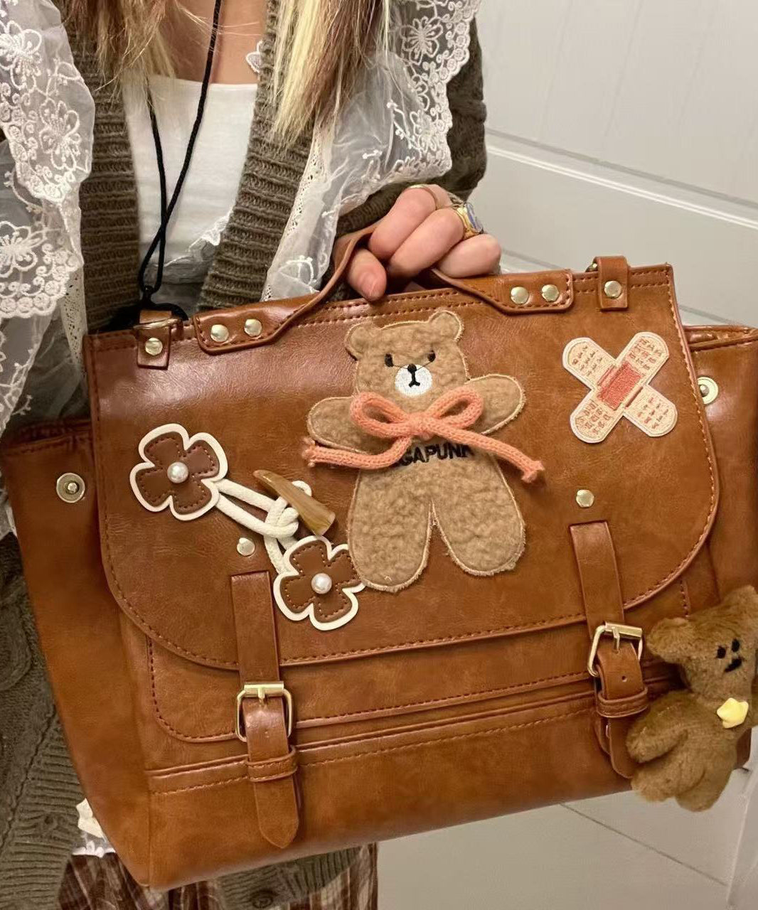 Cute Brown Bear Appliqued Faux Leather Backpack Bag