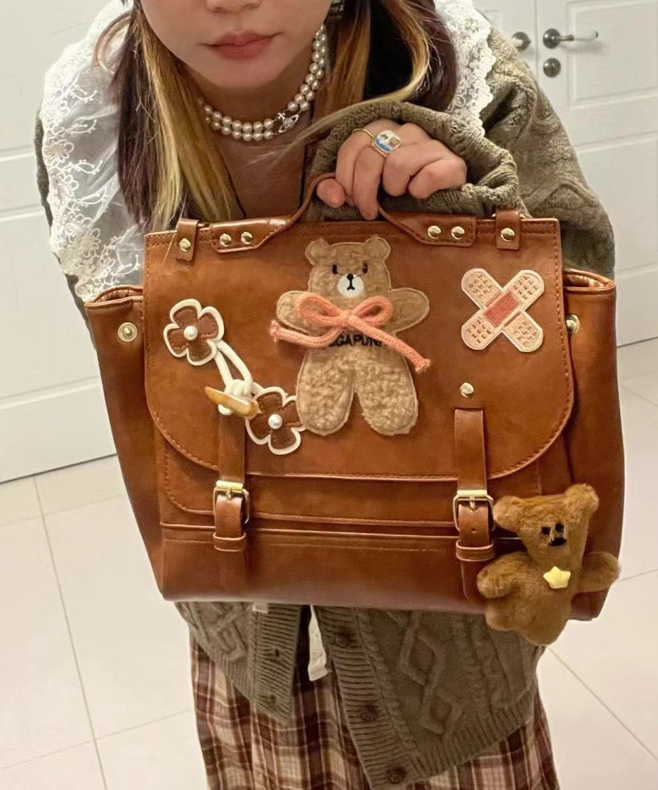 Cute Brown Bear Appliqued Faux Leather Backpack Bag