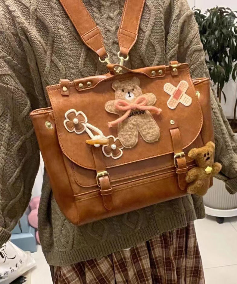 Cute Brown Bear Appliqued Faux Leather Backpack Bag