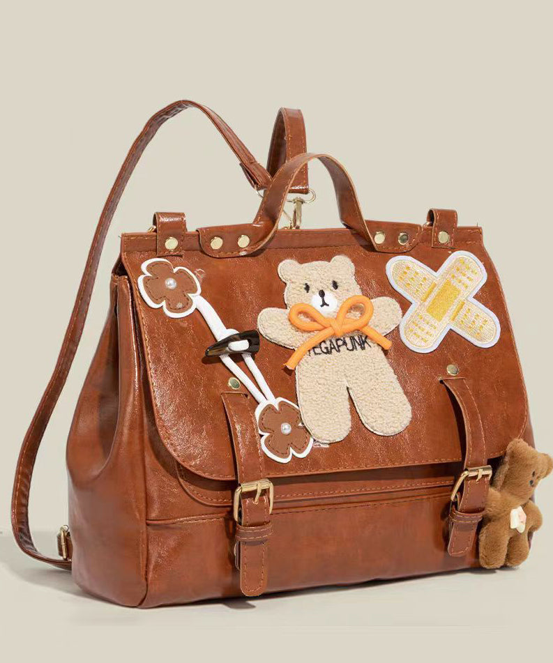 Cute Brown Bear Appliqued Faux Leather Backpack Bag
