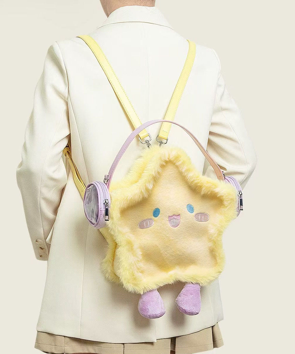 Cute Earphones Star Embroidered Faux Fur Backpack Bag