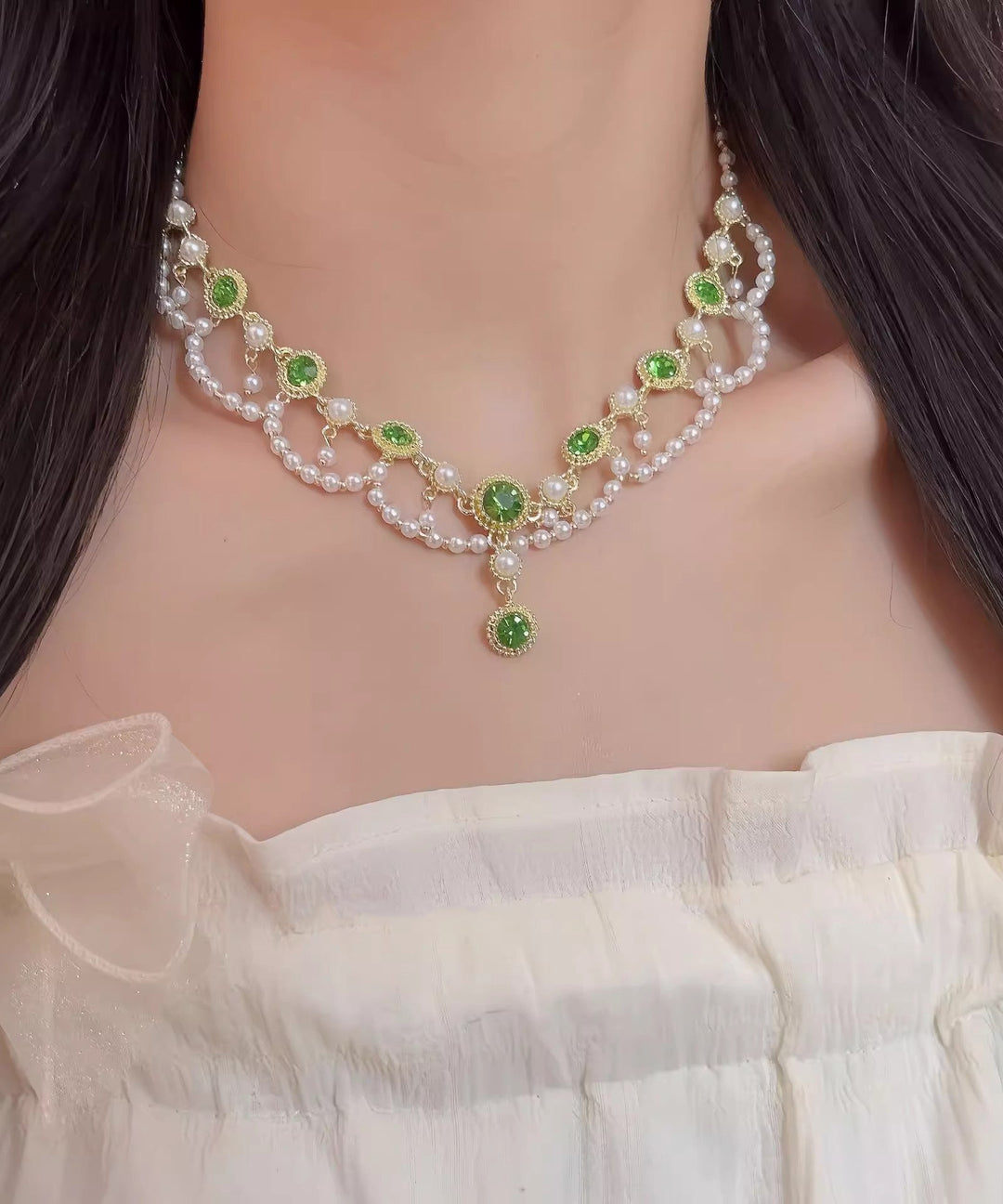 Cute Green Alloy Crystal Pearl Lace Double-Layer Pendant Necklace