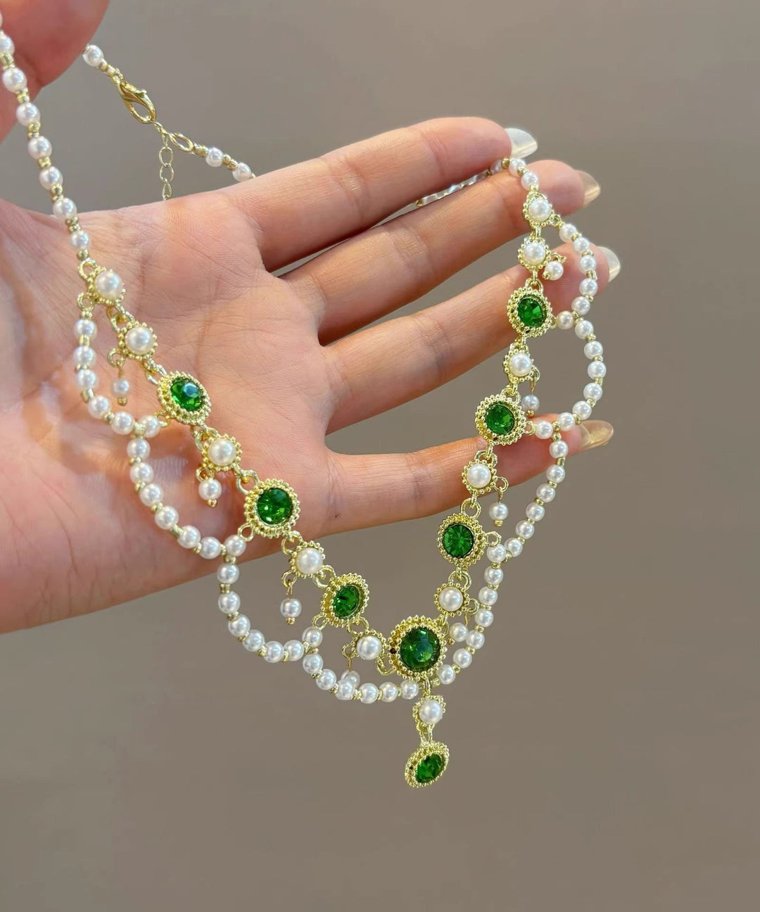 Cute Green Alloy Crystal Pearl Lace Double-Layer Pendant Necklace