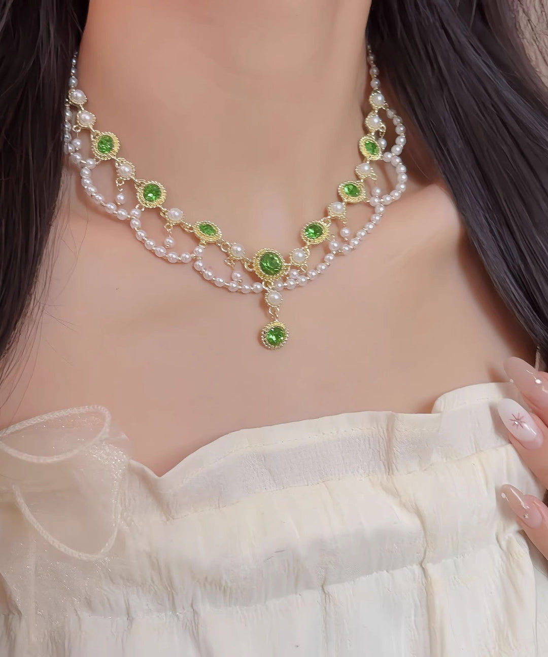 Cute Green Alloy Crystal Pearl Lace Double-Layer Pendant Necklace