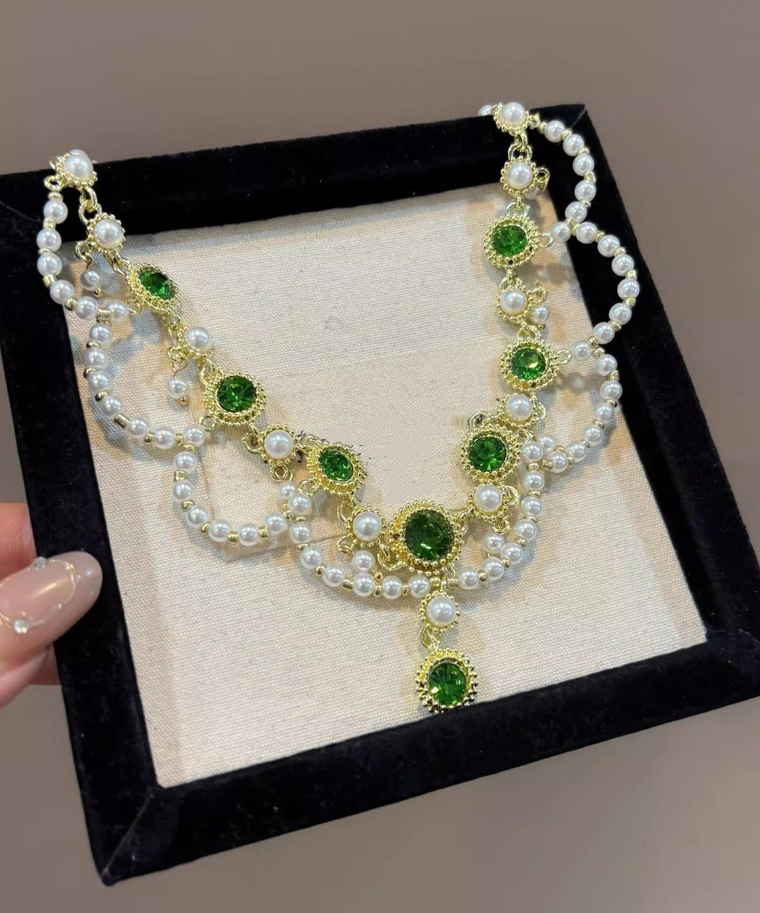 Cute Green Alloy Crystal Pearl Lace Double-Layer Pendant Necklace