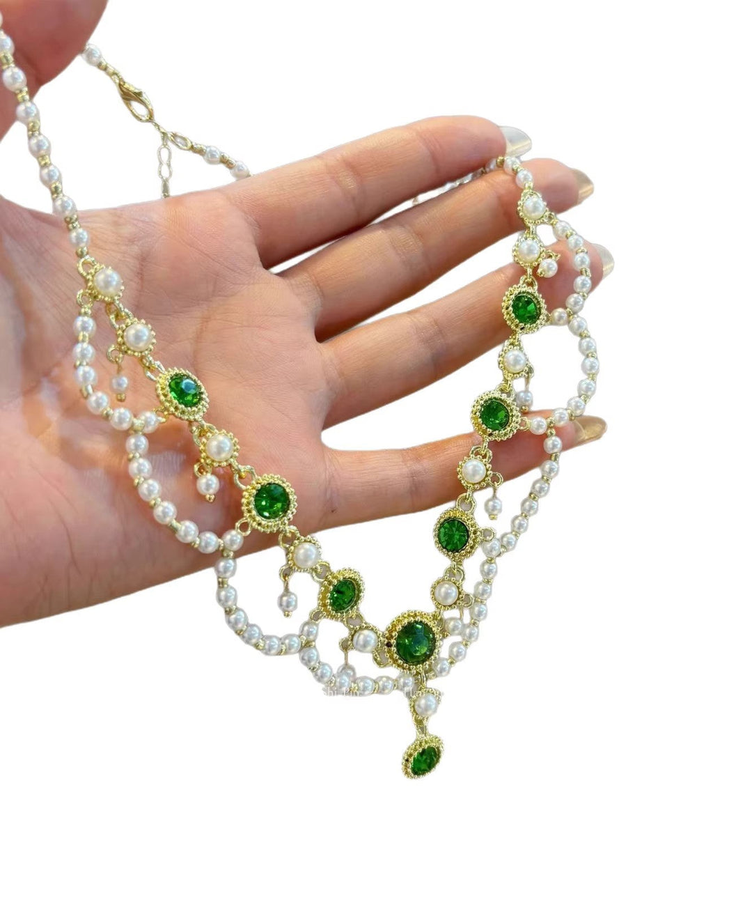 Cute Green Alloy Crystal Pearl Lace Double-Layer Pendant Necklace