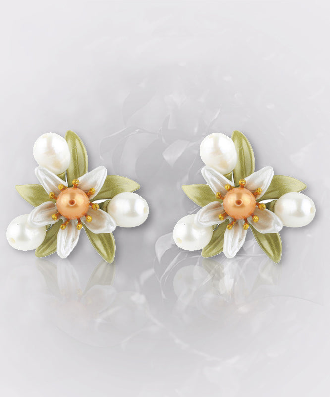 Cute Green Sterling Silver Copper Pearl Enamel Floral Stud Earrings
